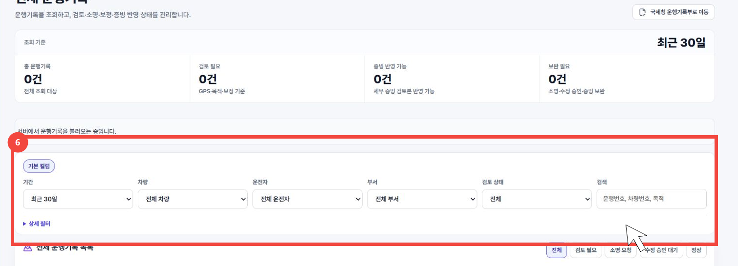 전체 운행기록 화면에서 기간, 차량, 운전자, 검토 상태 필터를 빨간 테두리와 커서로 표시한 화면