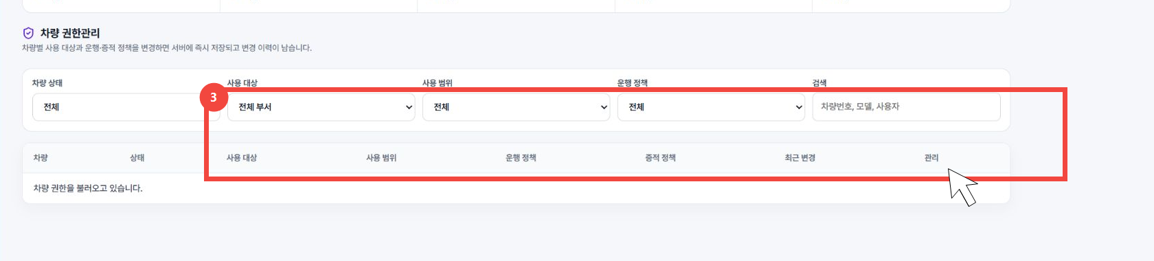 차량 권한관리 화면의 사용 대상, 사용 범위, 운행 정책 필터와 관리 영역을 빨간 테두리와 커서로 표시한 화면
