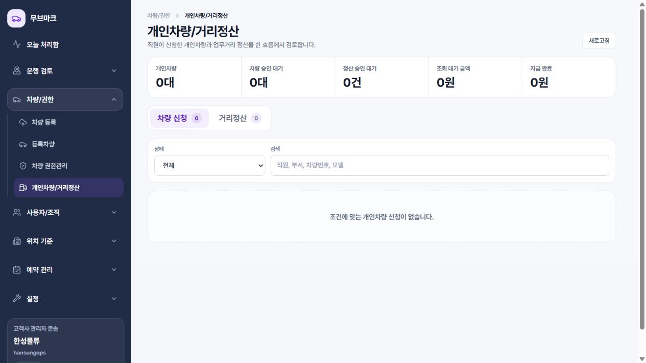 개인차량 신청과 거리정산을 처리하는 현재 화면