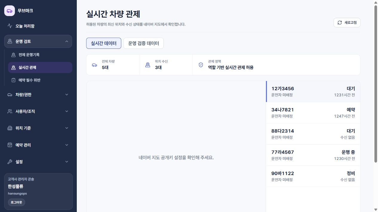 차량 위치와 수신상태를 보여주는 현재 실시간 관제 화면